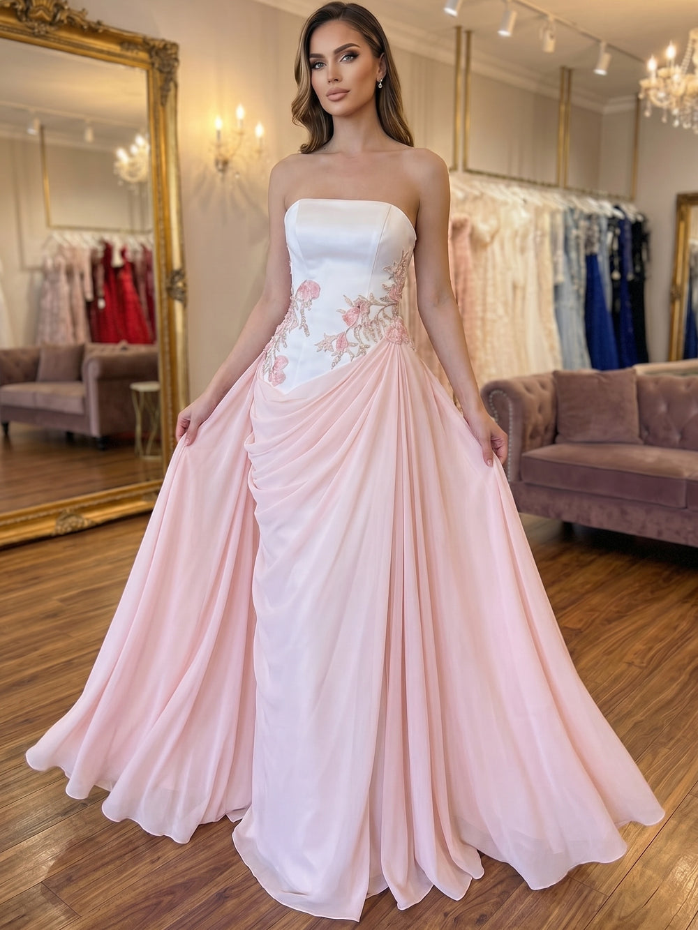 A-Line/Princess Prom Dresses Strapless Applique Chiffon Sequin Floor-Length With Pleats&Back Lace-Up Prom Dresses