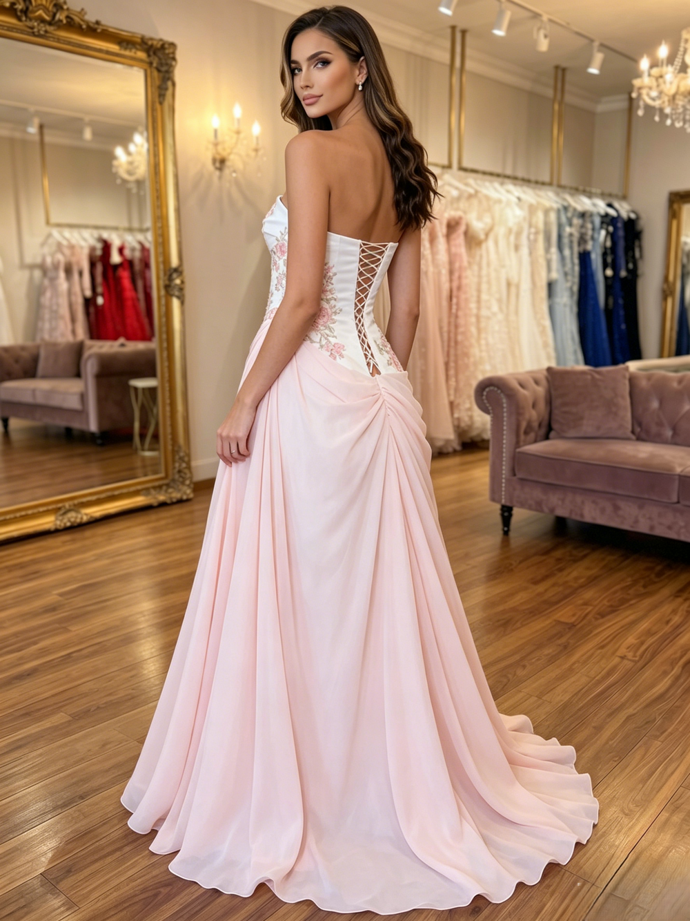 A-Line/Princess Prom Dresses Strapless Applique Chiffon Sequin Floor-Length With Pleats&Back Lace-Up Prom Dresses