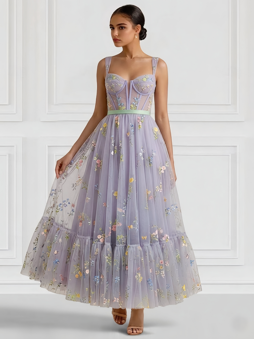 A-Line/Princess Elegant Cocktail Dress Tea-Length Sleeveless Floral Embroidered Tulle Basque Waist Dress