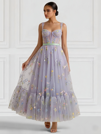 A-Line/Princess Elegant Cocktail Dress Tea-Length Sleeveless Floral Embroidered Tulle Basque Waist Dress
