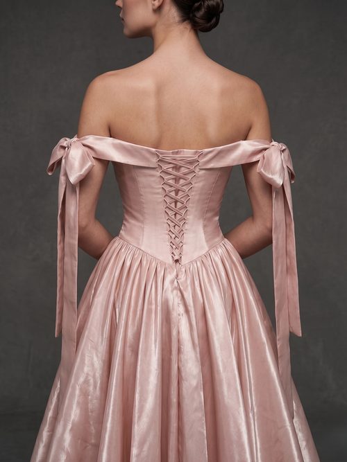A-Line Cocktail Dress Elegant Satin Dress Pink Off The Shoulder Tea Length Sleeveless With Bow Dress