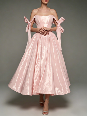A-Line Cocktail Dress Elegant Satin Dress Pink Off The Shoulder Tea Length Sleeveless With Bow Dress