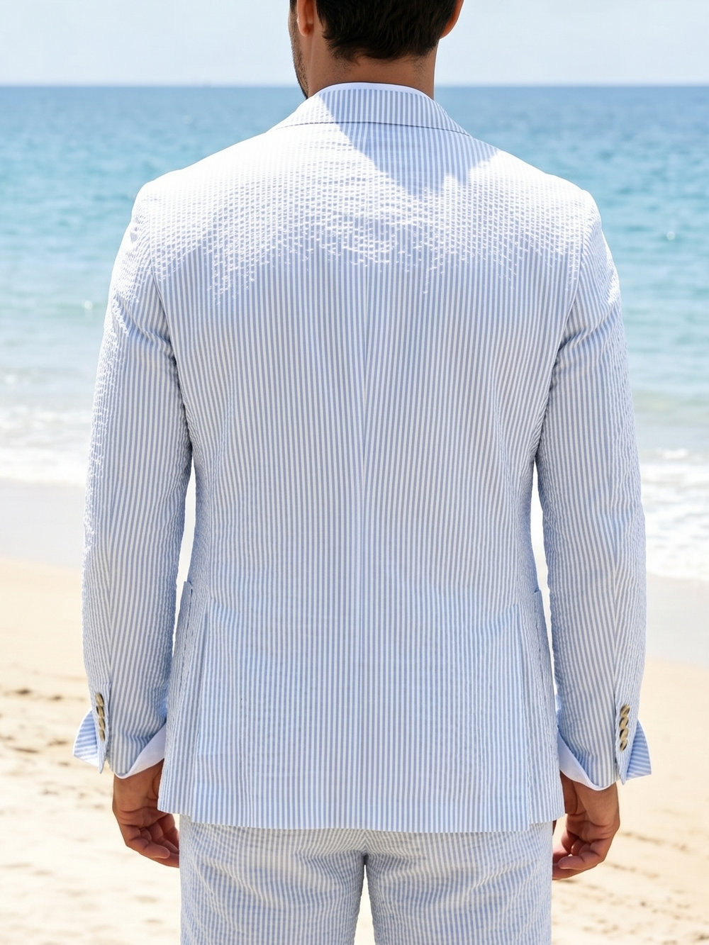 Men's Tailored Suit Seersucker Set Blue Striped Summer Beach Blazer Shorts Weeding Party Outfit