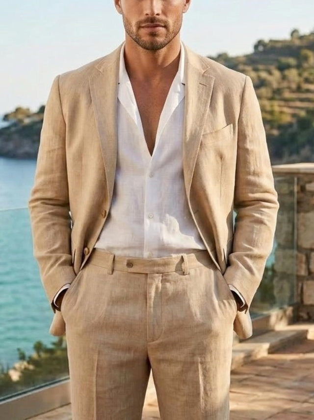 Men's Tailored Beige Linen Suit Set Summer Beach Blazer Trousers Weeding Party Casual Formal Outfit