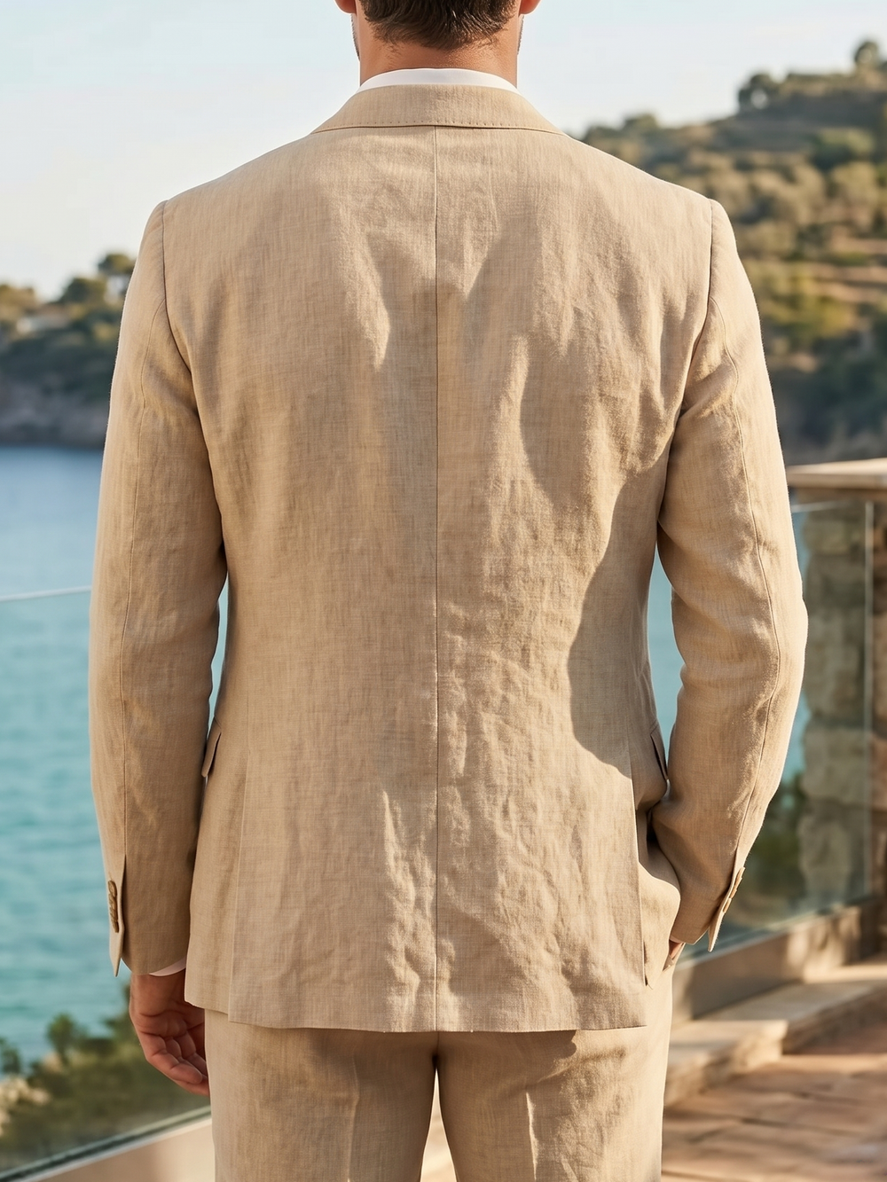Men's Tailored Beige Linen Suit Set Summer Beach Blazer Trousers Weeding Party Casual Formal Outfit