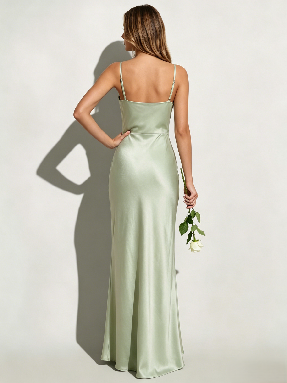 A-Line/Princess Elegant Wedding Guest Bridesmaid Dresses Spaghetti Straps Satin Sleeveless Sage Floor-Length With Scarf