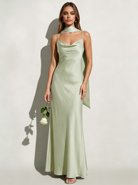 A-Line/Princess Elegant Wedding Guest Bridesmaid Dresses Spaghetti Straps Satin Sleeveless Sage Floor-Length With Scarf
