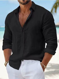 Men's Casual Cotton Linen Long Sleeves Solid Color Lightweight Summer Beach Shirt