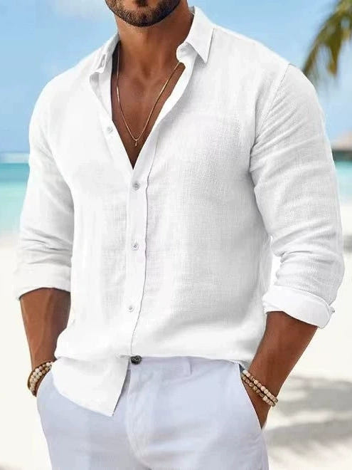 Men's Casual Cotton Linen Long Sleeves Solid Color Lightweight Summer Beach Shirt