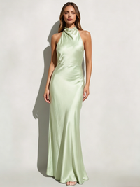 A-Line/Princess Elegant Bridesmaid Dresses Satin Sleeveless Sage Floor-Length Backless Wedding Guest Dress