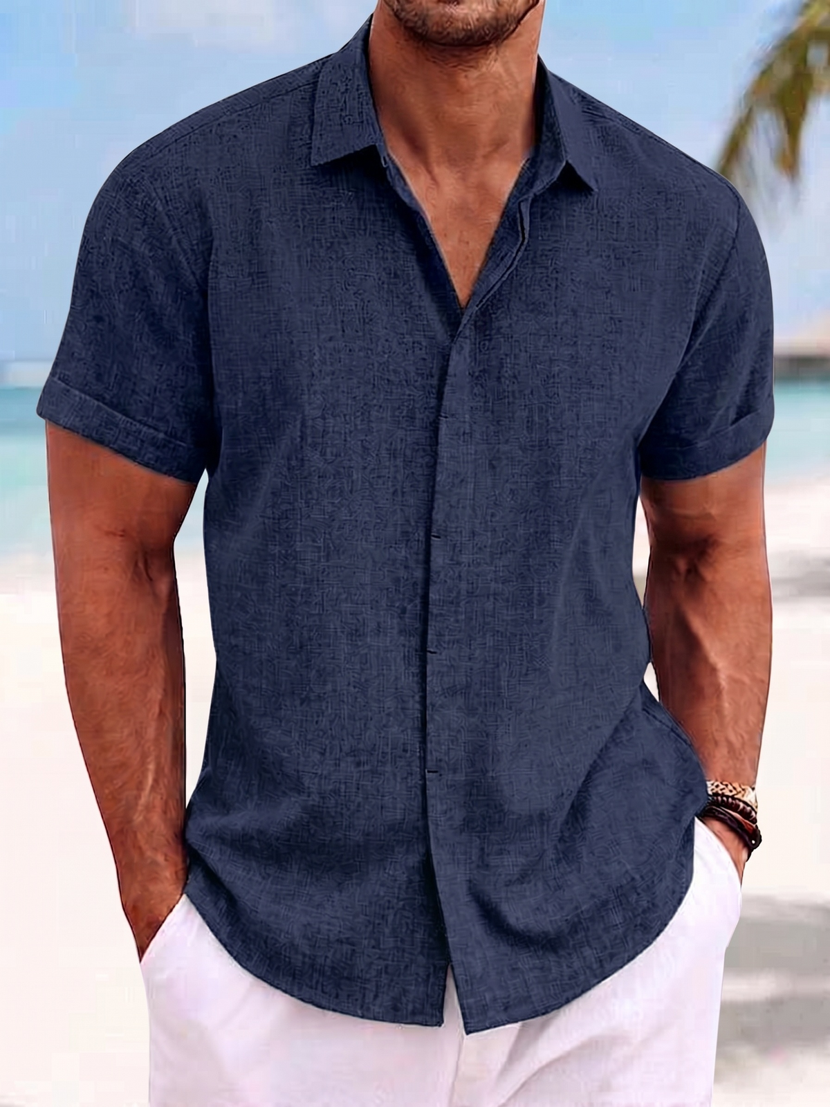 Men's Lapel Casual Short Sleeves Loose Beach Causal Solid Color Shirt
