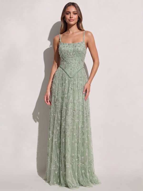 A-Line/Princess Prom Dresses Luxury Spaghetti Straps Sleeveless Sage Floor-Length Dress