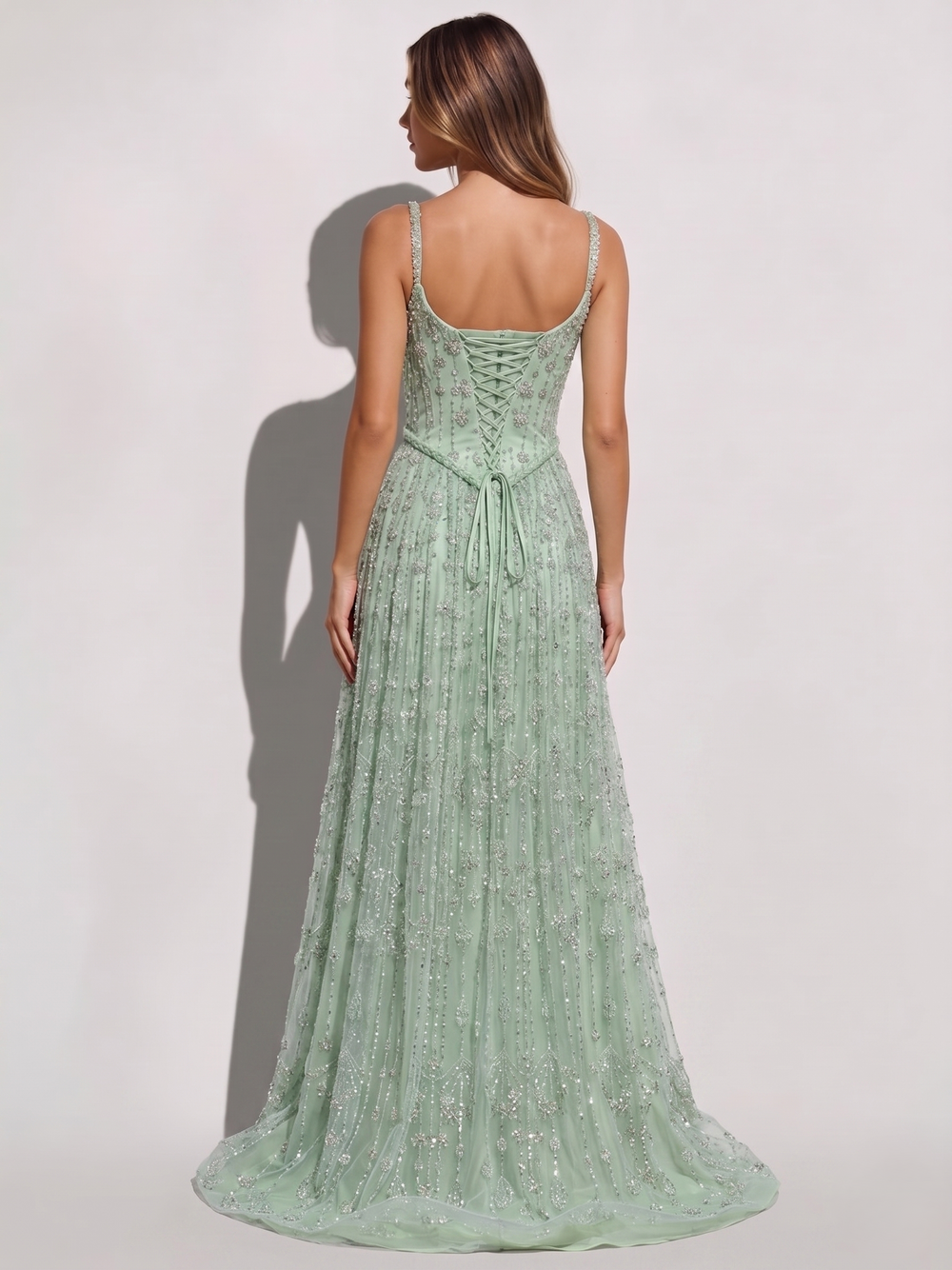 A-Line/Princess Prom Dresses Luxury Spaghetti Straps Sleeveless Sage Floor-Length Dress