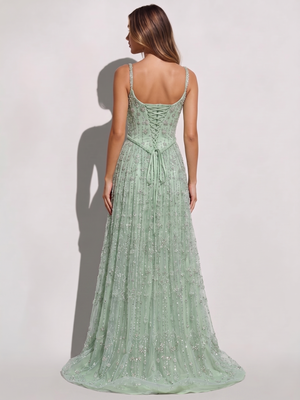 A-Line/Princess Prom Dresses Luxury Spaghetti Straps Sleeveless Sage Floor-Length Dress