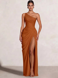 A Line Princess Prom Dresses One Shoulder Chiffon Wedding Guest Dress Pleats Side Split Ruched Bridesmaid Dresses