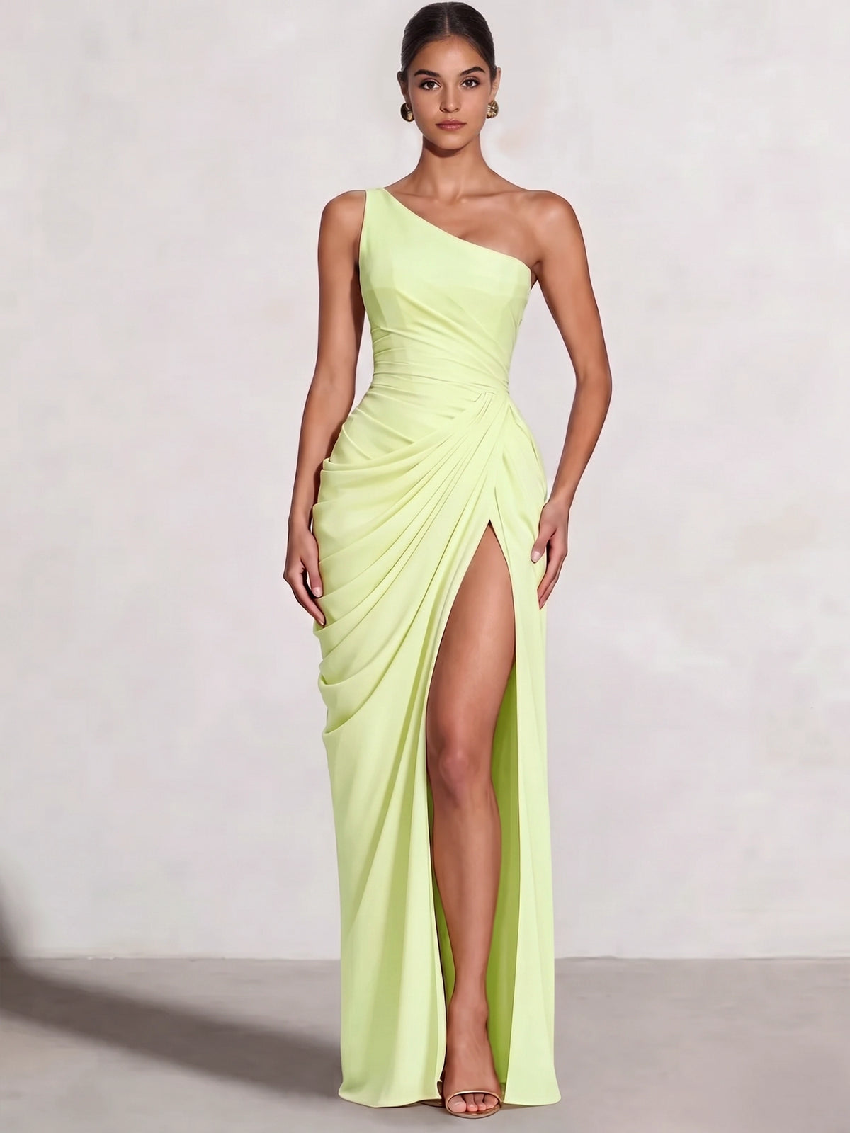 A Line Princess Prom Dresses One Shoulder Chiffon Wedding Guest Dress Pleats Side Split Ruched Bridesmaid Dresses