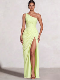 A Line Princess Prom Dresses One Shoulder Chiffon Wedding Guest Dress Pleats Side Split Ruched Bridesmaid Dresses