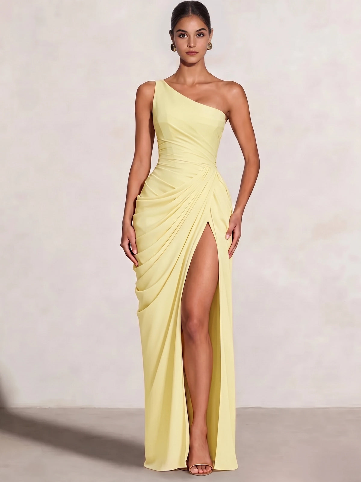 A Line Princess Prom Dresses One Shoulder Chiffon Wedding Guest Dress Pleats Side Split Ruched Bridesmaid Dresses