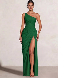 A Line Princess Prom Dresses One Shoulder Chiffon Wedding Guest Dress Pleats Side Split Ruched Bridesmaid Dresses