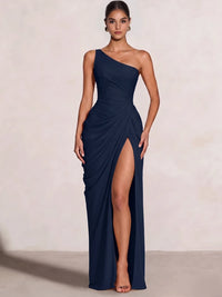 A Line Princess Prom Dresses One Shoulder Chiffon Wedding Guest Dress Pleats Side Split Ruched Bridesmaid Dresses