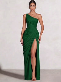 A Line Princess Prom Dresses One Shoulder Chiffon Wedding Guest Dress Pleats Side Split Ruched Bridesmaid Dresses