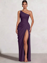 A Line Princess Prom Dresses One Shoulder Chiffon Wedding Guest Dress Pleats Side Split Ruched Bridesmaid Dresses