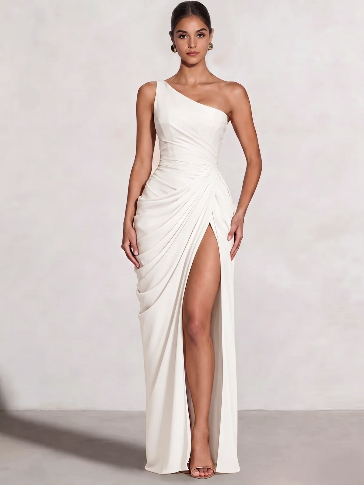 A Line Princess Prom Dresses One Shoulder Chiffon Wedding Guest Dress Pleats Side Split Ruched Bridesmaid Dresses