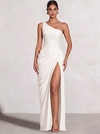 A Line Princess Prom Dresses One Shoulder Chiffon Wedding Guest Dress Pleats Side Split Ruched Bridesmaid Dresses