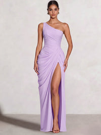 A Line Princess Prom Dresses One Shoulder Chiffon Wedding Guest Dress Pleats Side Split Ruched Bridesmaid Dresses
