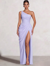 A Line Princess Prom Dresses One Shoulder Chiffon Wedding Guest Dress Pleats Side Split Ruched Bridesmaid Dresses