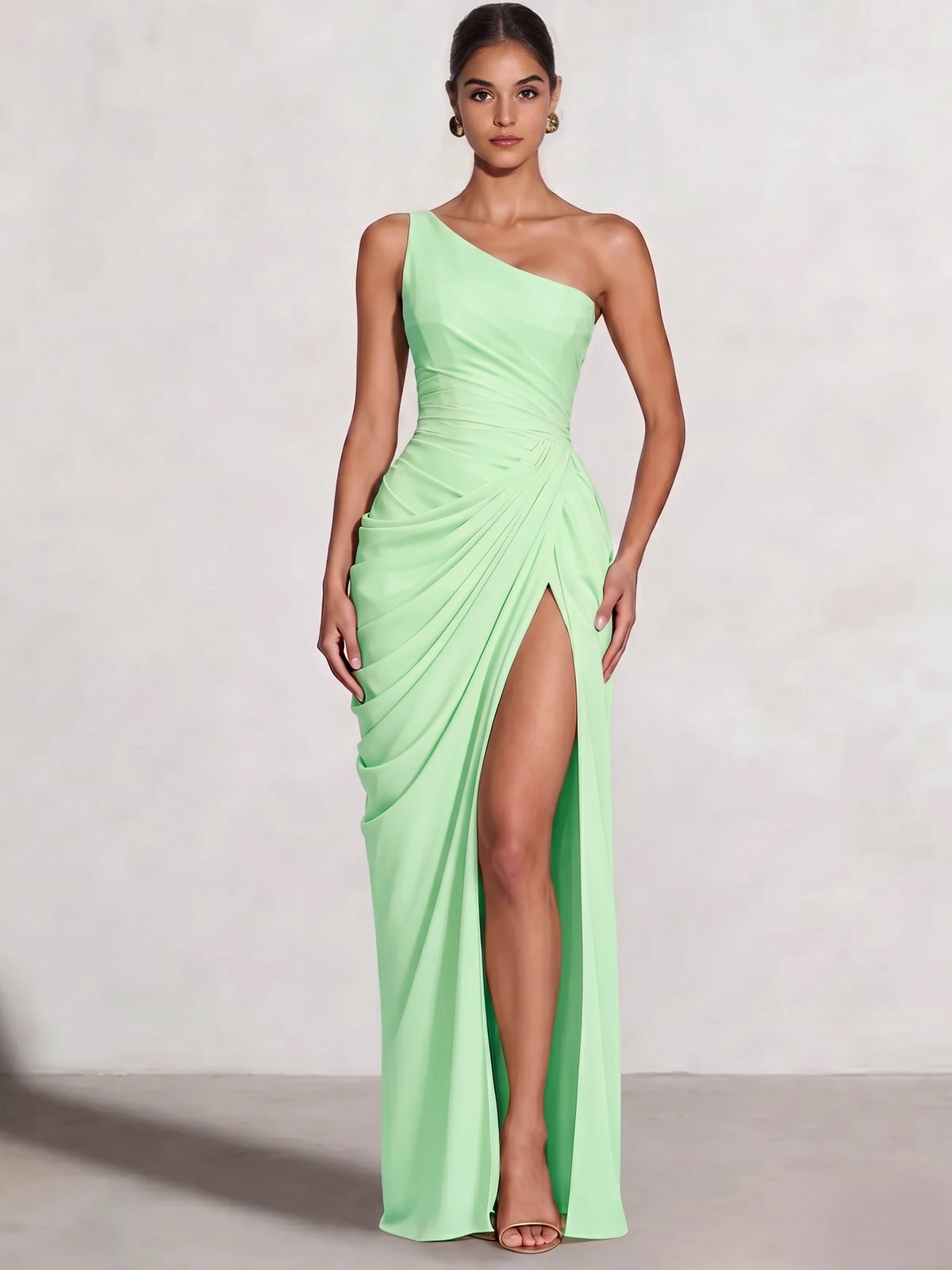 A Line Princess Prom Dresses One Shoulder Chiffon Wedding Guest Dress Pleats Side Split Ruched Bridesmaid Dresses