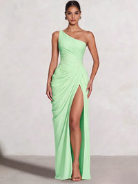 A Line Princess Prom Dresses One Shoulder Chiffon Wedding Guest Dress Pleats Side Split Ruched Bridesmaid Dresses