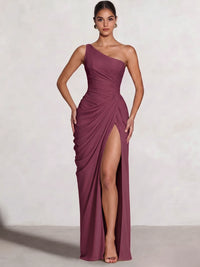 A Line Princess Prom Dresses One Shoulder Chiffon Wedding Guest Dress Pleats Side Split Ruched Bridesmaid Dresses