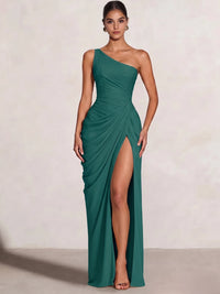 A Line Princess Prom Dresses One Shoulder Chiffon Wedding Guest Dress Pleats Side Split Ruched Bridesmaid Dresses