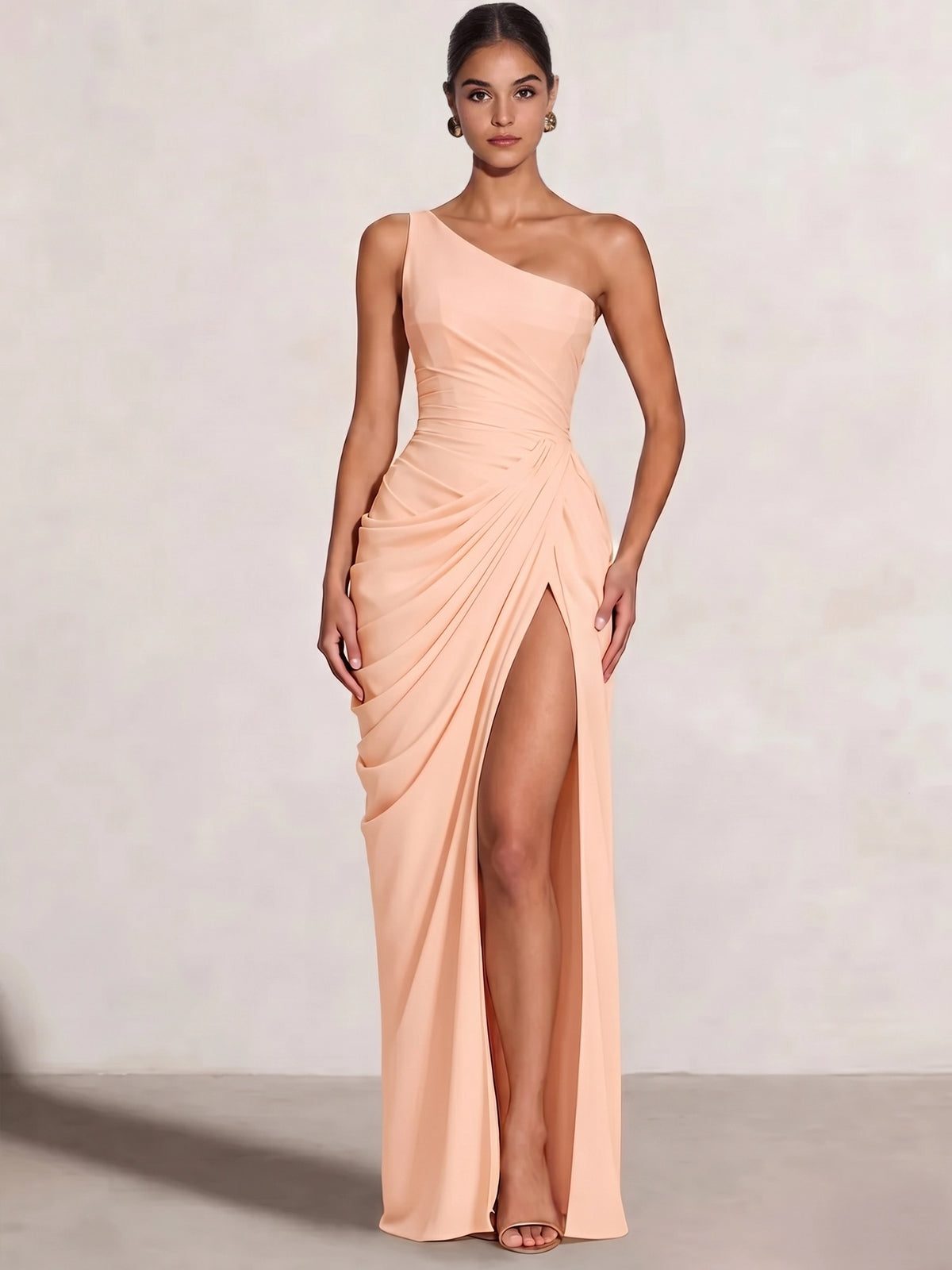 A Line Princess Prom Dresses One Shoulder Chiffon Wedding Guest Dress Pleats Side Split Ruched Bridesmaid Dresses
