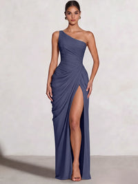 A Line Princess Prom Dresses One Shoulder Chiffon Wedding Guest Dress Pleats Side Split Ruched Bridesmaid Dresses