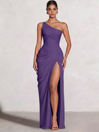 A Line Princess Prom Dresses One Shoulder Chiffon Wedding Guest Dress Pleats Side Split Ruched Bridesmaid Dresses