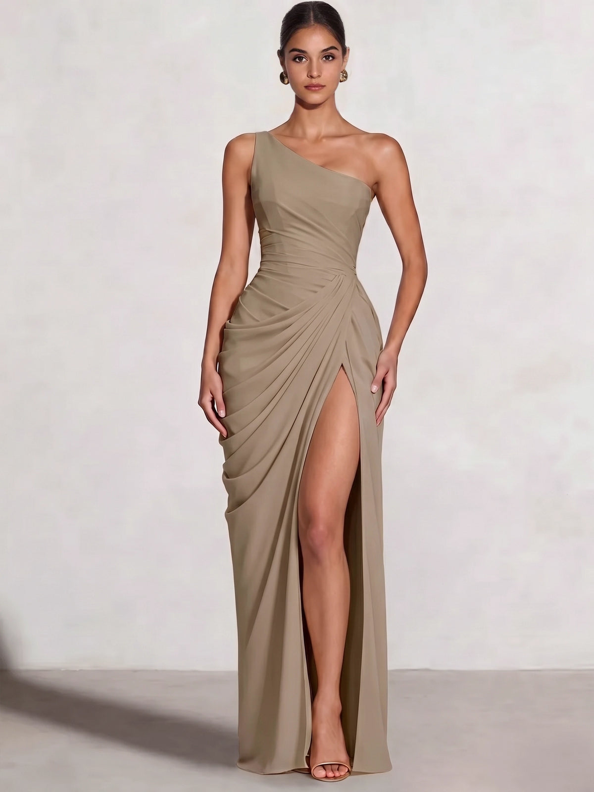 A Line Princess Prom Dresses One Shoulder Chiffon Wedding Guest Dress Pleats Side Split Ruched Bridesmaid Dresses