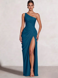 A Line Princess Prom Dresses One Shoulder Chiffon Wedding Guest Dress Pleats Side Split Ruched Bridesmaid Dresses