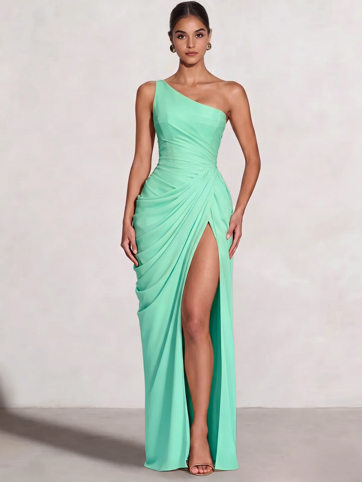 A Line Princess Prom Dresses One Shoulder Chiffon Wedding Guest Dress Pleats Side Split Ruched Bridesmaid Dresses