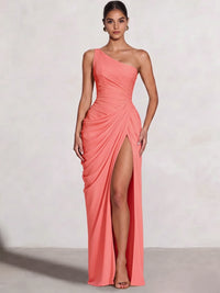 A Line Princess Prom Dresses One Shoulder Chiffon Wedding Guest Dress Pleats Side Split Ruched Bridesmaid Dresses