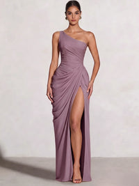 A Line Princess Prom Dresses One Shoulder Chiffon Wedding Guest Dress Pleats Side Split Ruched Bridesmaid Dresses