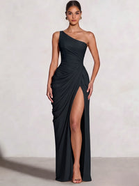 A Line Princess Prom Dresses One Shoulder Chiffon Wedding Guest Dress Pleats Side Split Ruched Bridesmaid Dresses