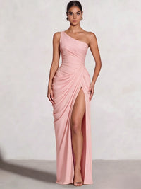A Line Princess Prom Dresses One Shoulder Chiffon Wedding Guest Dress Pleats Side Split Ruched Bridesmaid Dresses