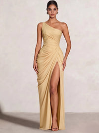 A Line Princess Prom Dresses One Shoulder Chiffon Wedding Guest Dress Pleats Side Split Ruched Bridesmaid Dresses