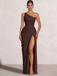A Line Princess Prom Dresses One Shoulder Chiffon Wedding Guest Dress Pleats Side Split Ruched Bridesmaid Dresses