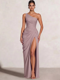 A Line Princess Prom Dresses One Shoulder Chiffon Wedding Guest Dress Pleats Side Split Ruched Bridesmaid Dresses