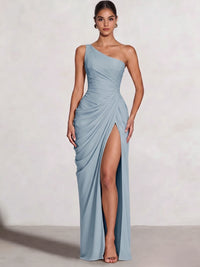 A Line Princess Prom Dresses One Shoulder Chiffon Wedding Guest Dress Pleats Side Split Ruched Bridesmaid Dresses