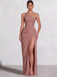 A Line Princess Prom Dresses One Shoulder Chiffon Wedding Guest Dress Pleats Side Split Ruched Bridesmaid Dresses