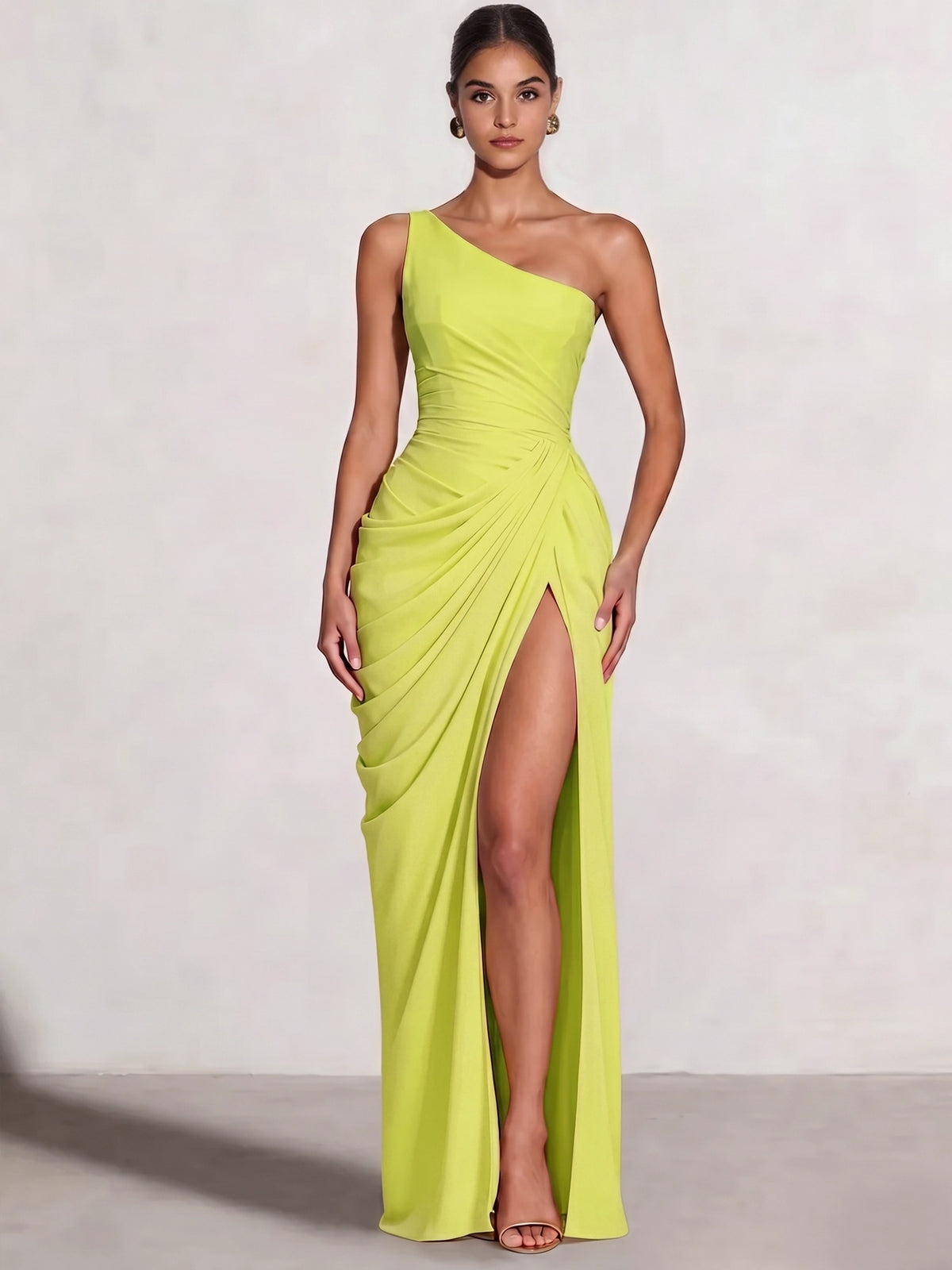 A Line Princess Prom Dresses One Shoulder Chiffon Wedding Guest Dress Pleats Side Split Ruched Bridesmaid Dresses